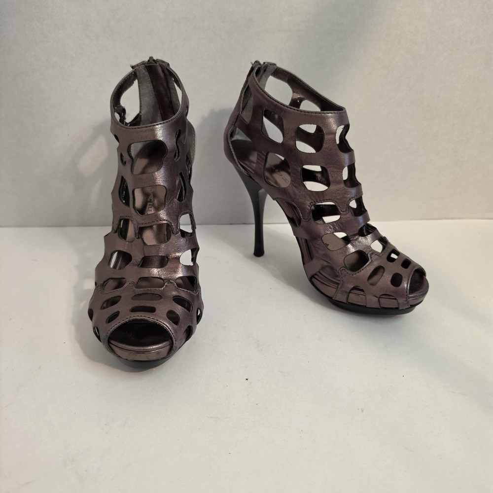 Camille Women's 6M Bronze Leather Cutout Cage Sandals High Heels Zip Back